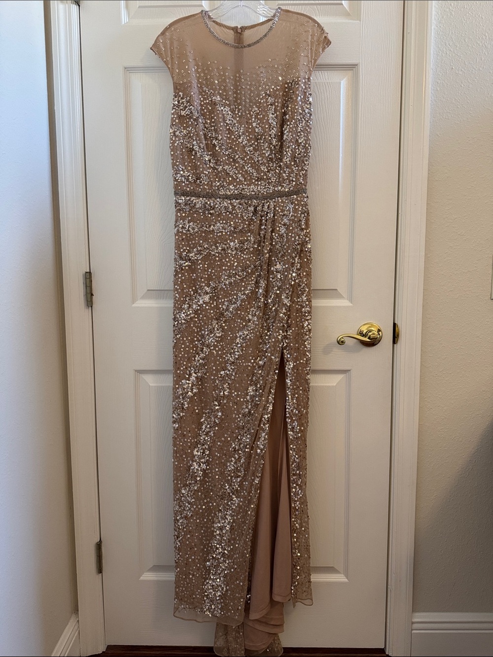 Mac Duggal 5619 Beige Embellished Illusion High Neck Cap Sleeve Gown Size 8 NWT - Picture 4 of 11